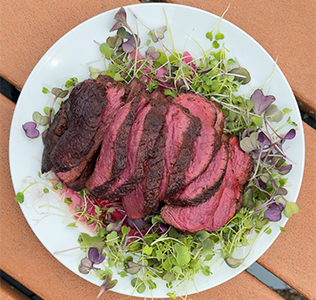 Roasted Venison Loin Steaks with Coffee BBQ Rub W/ Roasted Vegetables with Garlic Herb Blend